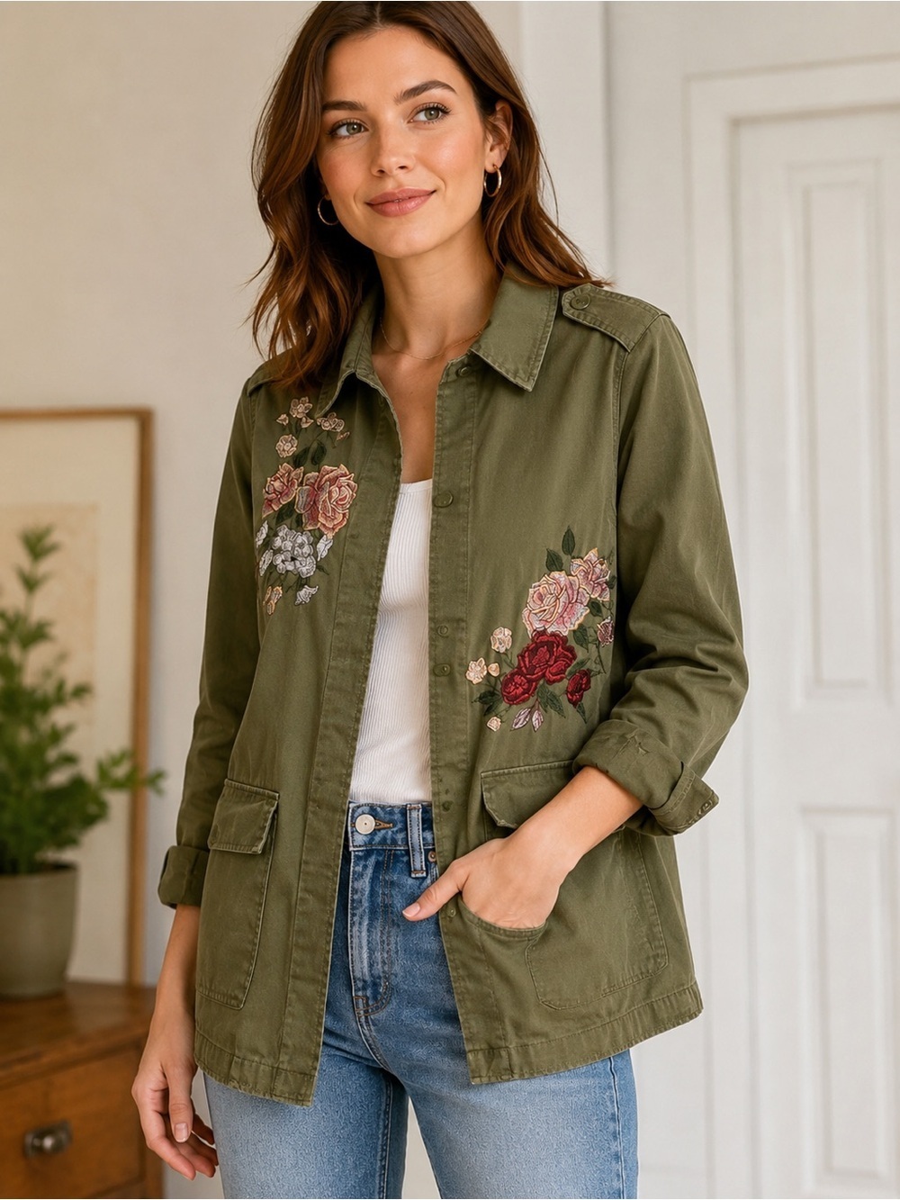American Rag Olive Green Utility Jacket with Rose Embroidery